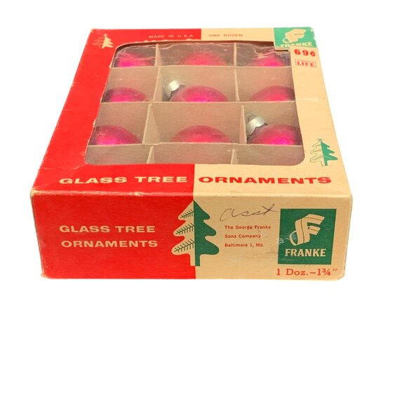 VTG Franke Glass Tree Ornaments 1.75" Red Christmas Decoration Made In USA Box o - Picture 2 of 7